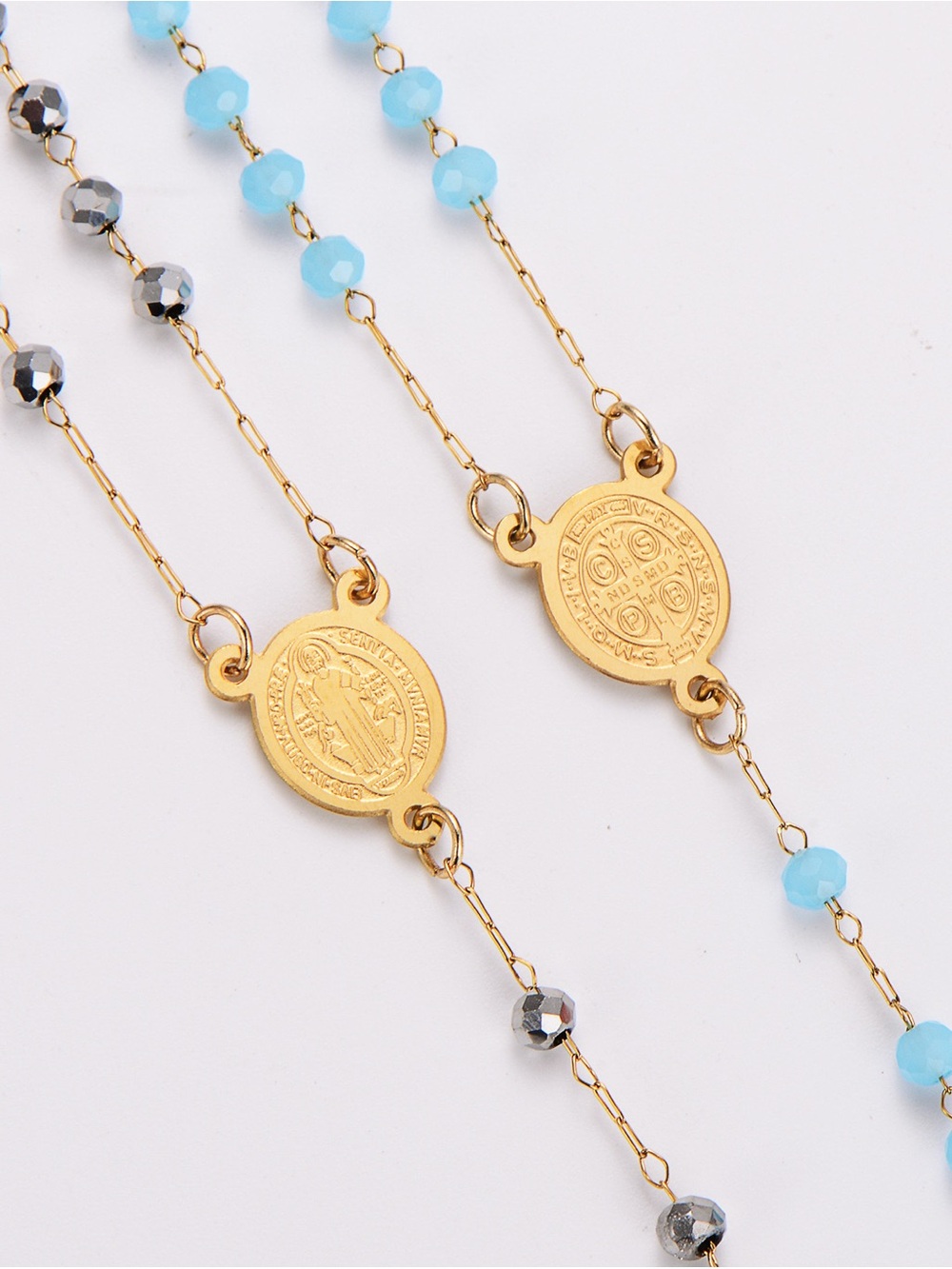 Gold Medallion Necklace with Light Blue Beads